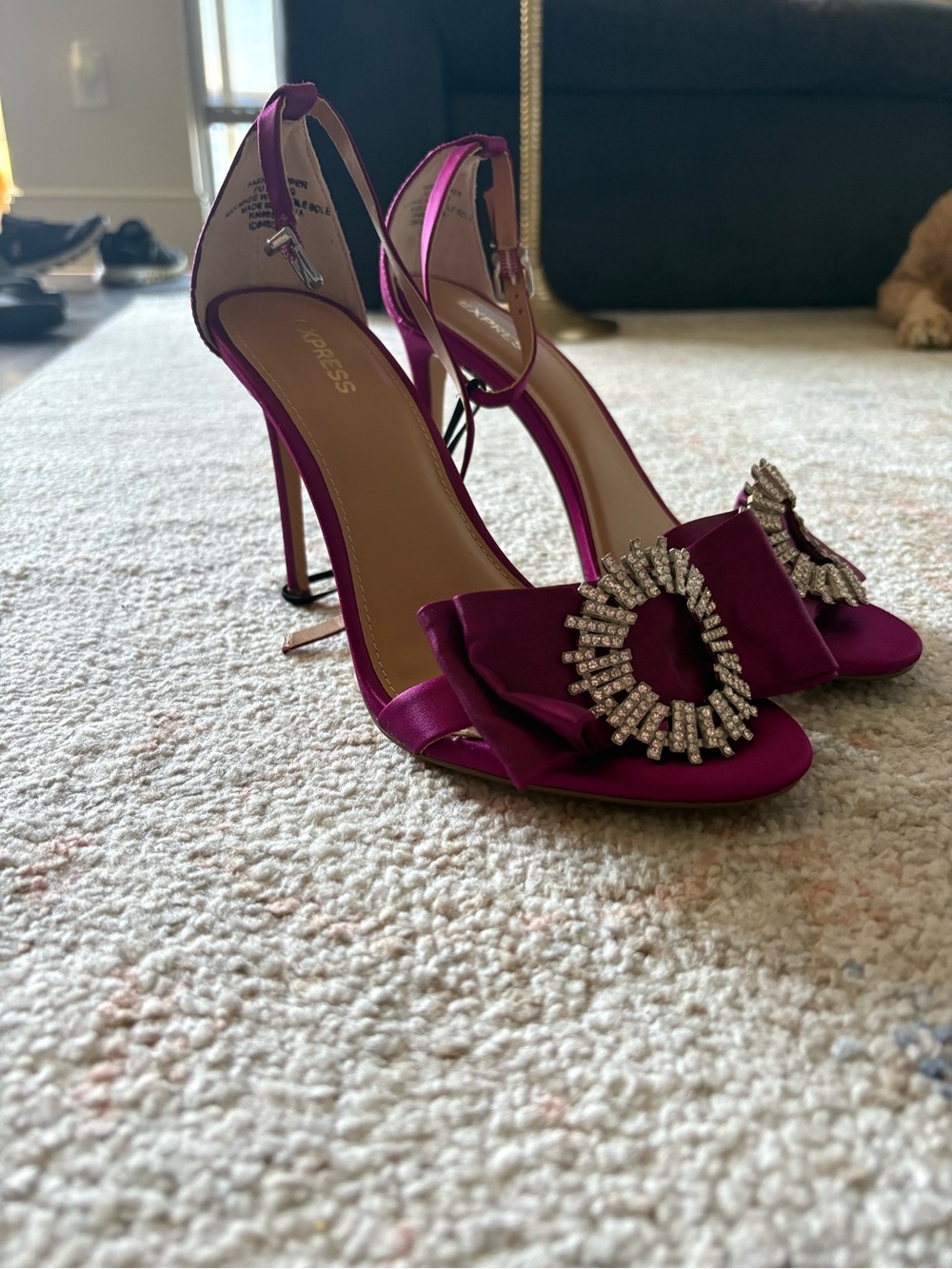 Express Women's Magenta Satin Crystal-Buckle Ankle-Strap Heels